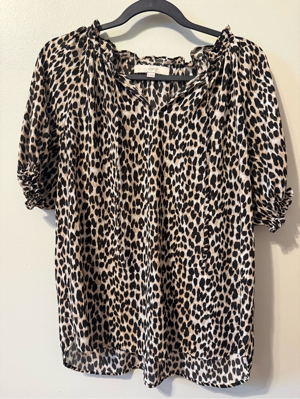 LOFT Leopard Print Short Puff Sleeve Blouse - Black and Cream